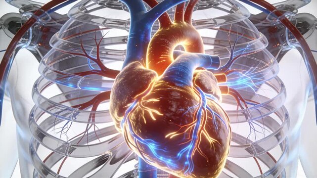 Vertical video: Bright pulse emanating from heart, pulsing and sending glow along coronary arteries