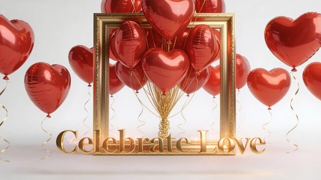 Camera moving closer to center gold frame in set showing Celebrate Love balloons drifting gleaming