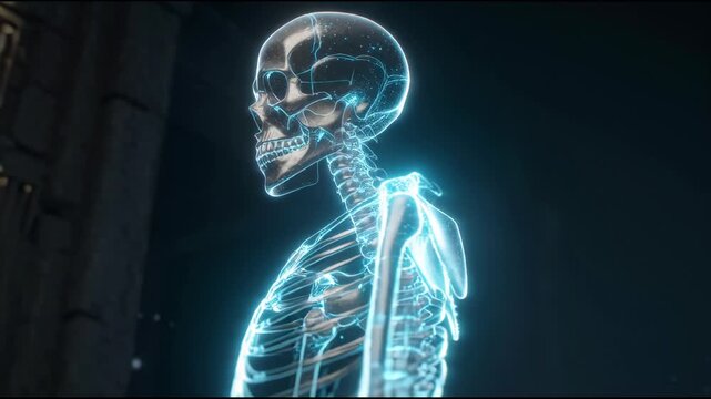 A glowing blue holographic human skeleton model is displayed against a dark background.