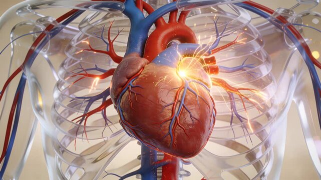 Pulsing 3D heart model glowing yellow-orange, conducting across coronaries in ribcage for teaching