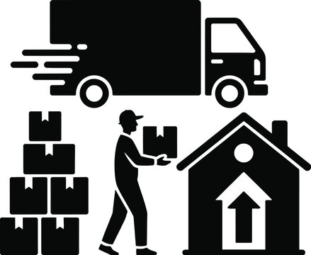 A delivery man transporting boxes to a house with a truck