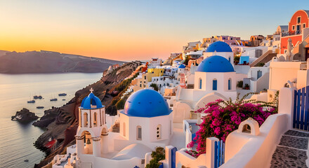 Naklejka premium Picturesque sunset over the iconic white buildings and blue domes of Oia, Santorini, Greece, overlooking the Aegean Sea.