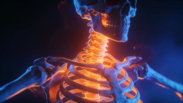 Rising orange glow animating skull, ribcage in studio, tracing clavicles, contrasting cool blue rim
