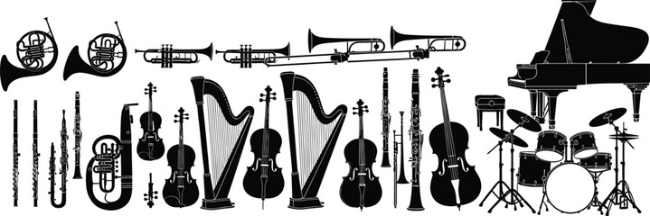 Orchestra musical instruments silhouettes collection featuring violin, harp, trumpet, trombone, clarinet, piano and drum set, classical music vector illustration isolated © MstSanoara