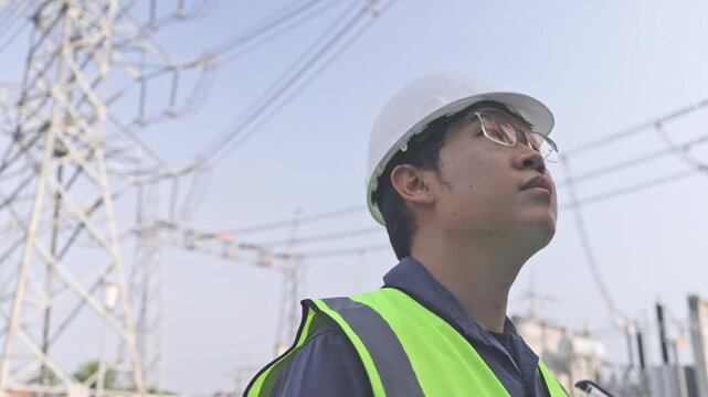 Engineer in hard hat recording field observations while inspecting steel structures at outdoor power substation switchyard