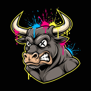 Angry Bull Head with Paint Splatters.