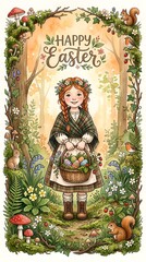 Fototapeta premium Happy Easter Spring Illustration Of A Girl With Basket Of Decorated Eggs In Woodland
