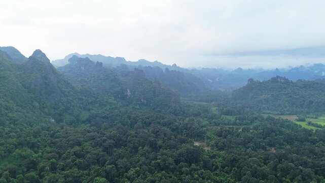 Aerial of Karst Mountains near Kong Lor Cave, Khammouane Laos