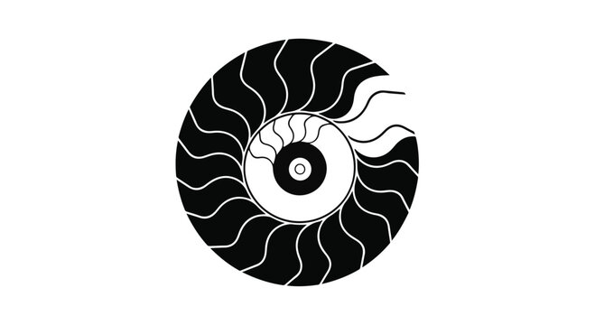 A stark black and white graphic displays the logarithmic spiral structure of an ancient nautilus shell, perfectly rendered against a clean white backdrop.