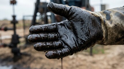 Oil Worker Hand with Black Sludge at an Oil Extraction Site
