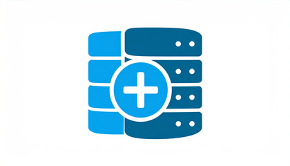 Obraz premium Blue database server stack with a bright blue plus symbol for adding data