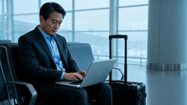 Working businessman in dark suit typing on laptop at airport gate waiting to board, with suitcase