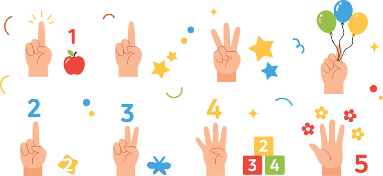 Kids Finger Counting Numbers Clipart Set with Hands Showing One to Five, Apple, Balloons and Stars for Preschool Math Learning Illustration