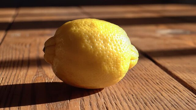 Close up of a yellow lemon on a wooden surface with shadow