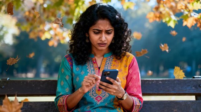 Tapping woman in printed kurta noticing alert and checking smartphone on park bench, autumn leaves