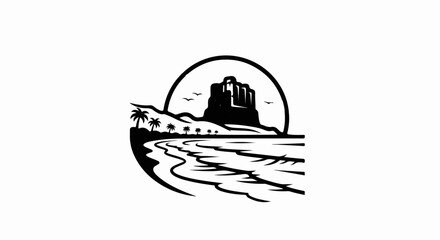 Stylized tropical island with castle-like rock formation and ocean waves