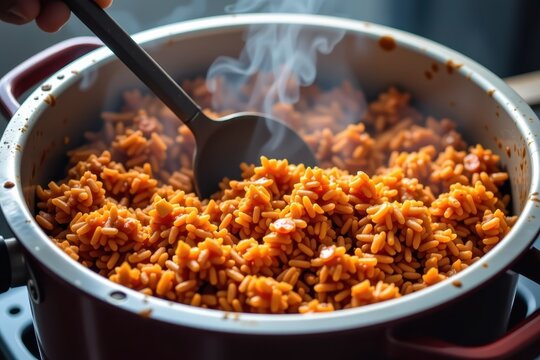 A massive, steaming pot of West African Jollof rice being stirred with a large wooden spoon, glowing with a deep tomato red hue.