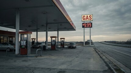 Gas Station with High Fuel Price on Empty Highway During Sunset