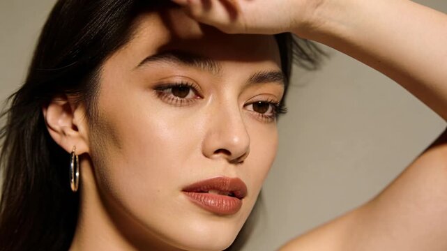 Raising hand as fan lifting hair, model shading brow, lowering gaze in studio, gold hoops