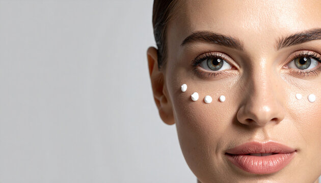 Woman skincare beauty face cream eye smooth healthy skin closeup Smooth healthy woman face closeup with eye cream dots beauty skincare concept soft gray background natural makeup serene expression