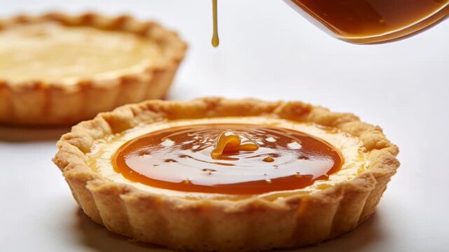 Entering upper right, pouring glass pitcher glazing custard tart with caramel on table to finish