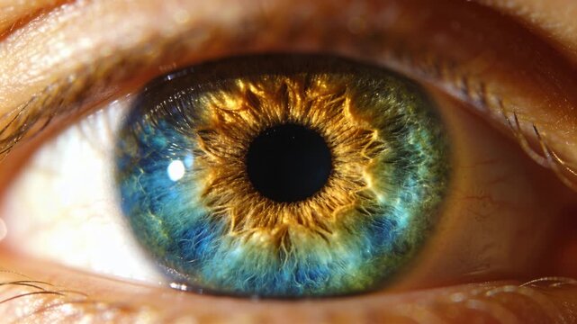 Illuminating eye holding gaze in macro rig, golden iris, dark pupil, corneal glint for study