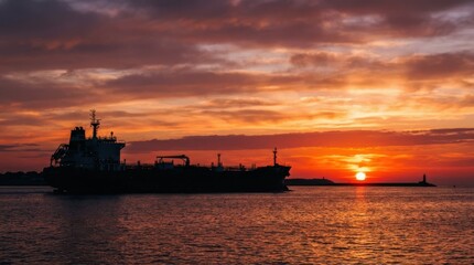 Cargo Ship Silhouette Against Vibrant Sunset Over Calm Water