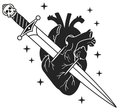 Anatomical heart pierced by dagger with skull handle and stars gothic tattoo style