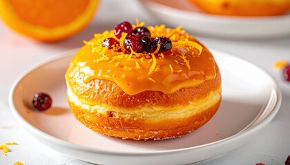 Delicious Orange Cranberry Doughnut With Zesty Glaze And Dried Cranberry Topping Served On A White Plate