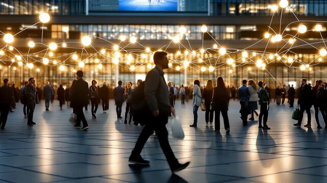 Crowds move through a well-lit area filled with strings of lights creating a lively setting during evening hours