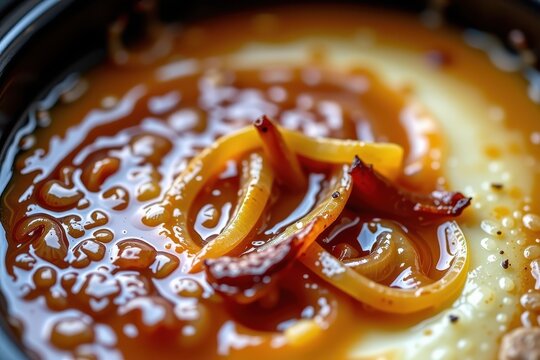 A close up of a perfectly caramelized French Onion Soup, with a thick layer of melted Gruyere cheese draped over the crock edge.