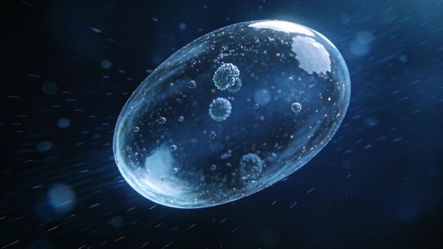 Drifting oval bubble with internal droplets moving diagonally in blue, pushed by particle flow