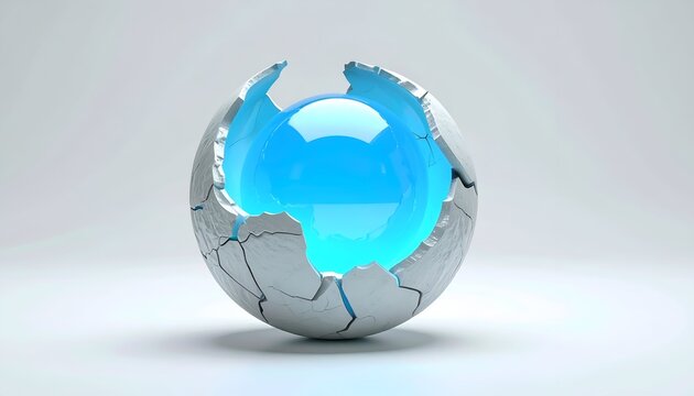 Abstract sphere with cracked shell revealing a glowing blue core.