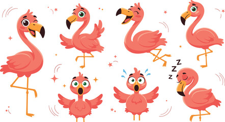 Cute Flamingo Cartoon Character Clipart Set with Happy, Dancing, Sleeping and Funny Flamingo Expressions for Kids, Stickers and Animal Designs © Sanjida