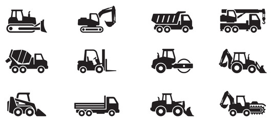 Set of construction machines. Construction transport icons. Collection of black construction vehicle icons including excavators bulldozers cranes and dump trucks isolated on white background. © Jeremy_Show