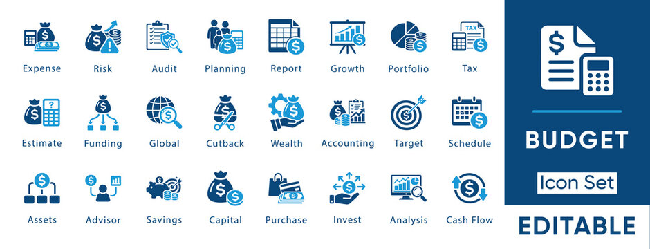 Budget icon set. Containing expense, savings, tax, invest, wealth, accounting, growth, portfolio and more. Solid vector icons collection.