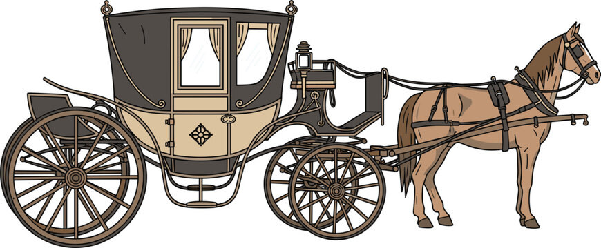 Vintage horse drawn carriage with wooden wheels and harnessed horse, classic historical transport vehicle vector illustration isolated on background