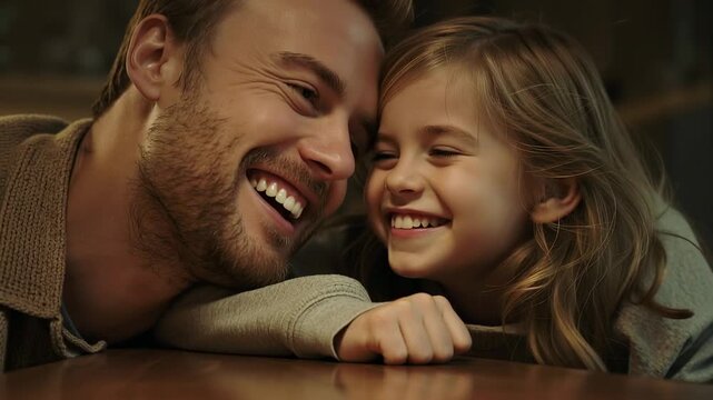 Leaning, adult male and child female sharing laughter after shared smile at wooden table, sweaters