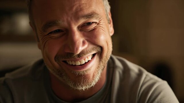 Smiling man wearing gray tee leaning toward camera in kitchen, laughing at off-camera joke, shelves