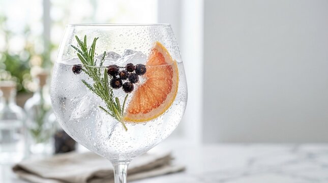 Botanical Gin Tonic with rosemary grapefruit and juniper berries, fresh macro.
