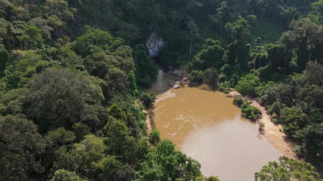 Aerial of Kong Lor Cave Entrance and River, Khammouane Laos