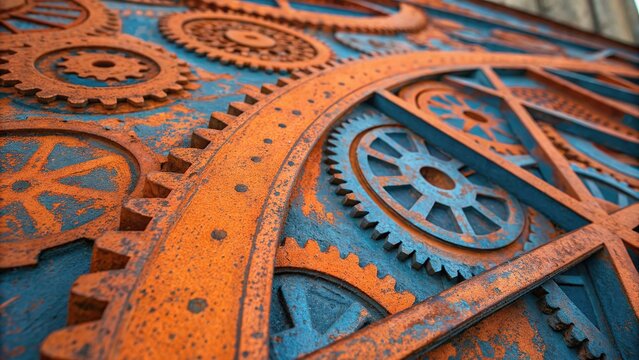 Industrial rust patterns in orange and blue create a stunning visual display on textured surfaces