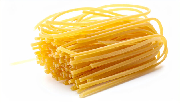 Bundle of uncooked bucatini pasta strands isolated on a clean white background