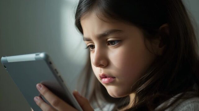 Holding tablet, girl tapping and scrolling screen at home to read content, showing tablet case