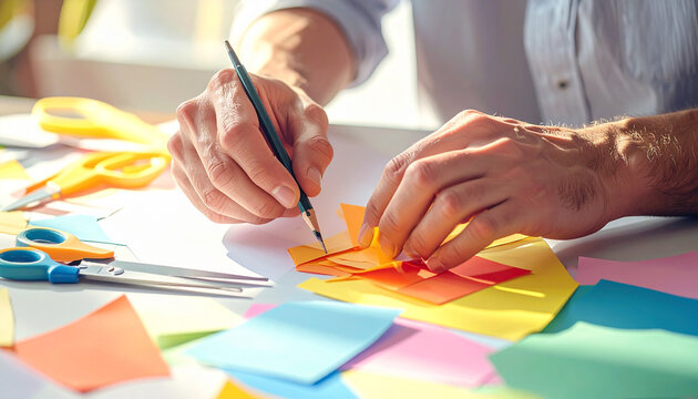 Person crafting colorful paper art with scissors and stationary on a desk