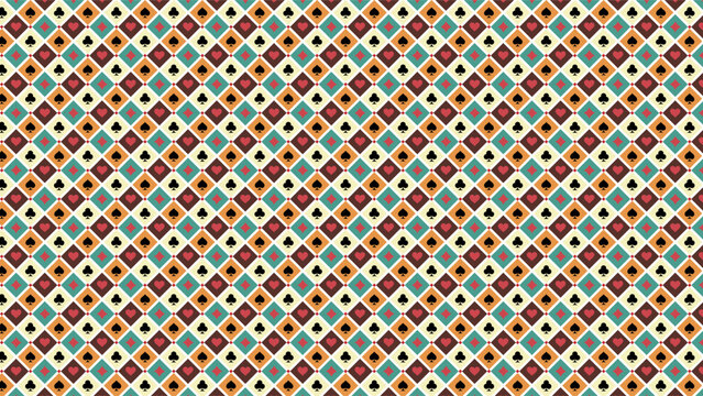 Colorful seamless pattern of playing card suits arranged in a diamond grid. Ideal for casino themes, poker graphics, textiles, wallpapers.