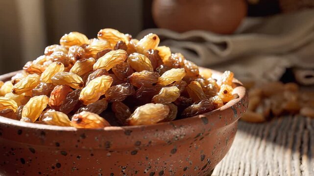 Close up of golden raisins in a rustic ceramic bowl on a wooden surface with sunlight