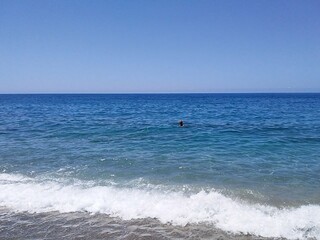 Person swimming in calm sea near shoreline under blue sky
