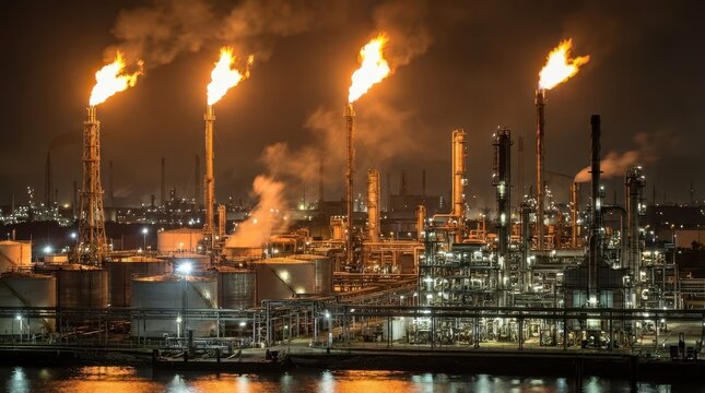 Industrial Night Scene with Flare Stacks and Illuminated Refineries