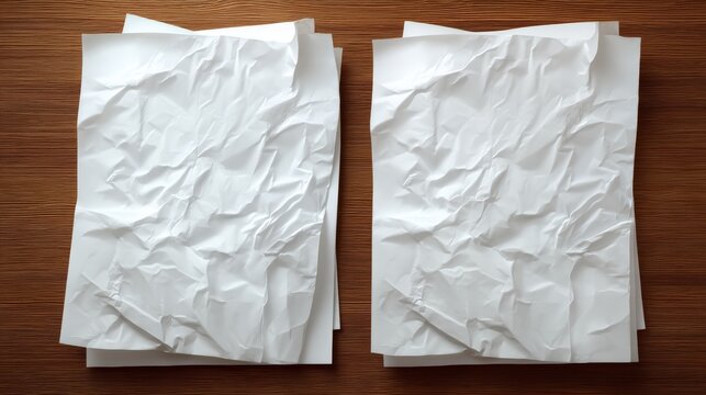 Two stacks of crumpled white sheets of paper lying side by side on a wooden desk surface.
